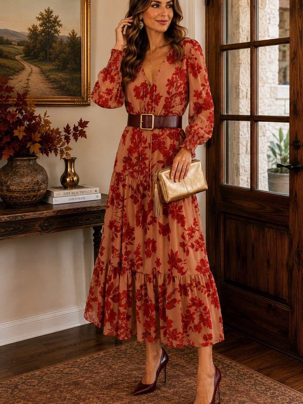 Sam Edelman Long Sleeve, Floral, Tiered Midi Dress - Fall Wardrobe Stalple - Picture 6 of 8